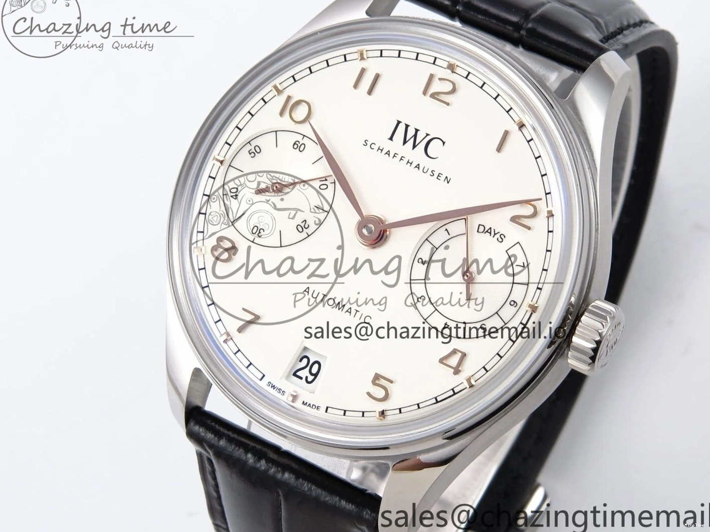 MIROTIME 0214 OnTrend Portugieser Automatic 42mm SS APSF 1:1 Best Edition White RG Dial on Black Leather Strap A 7010